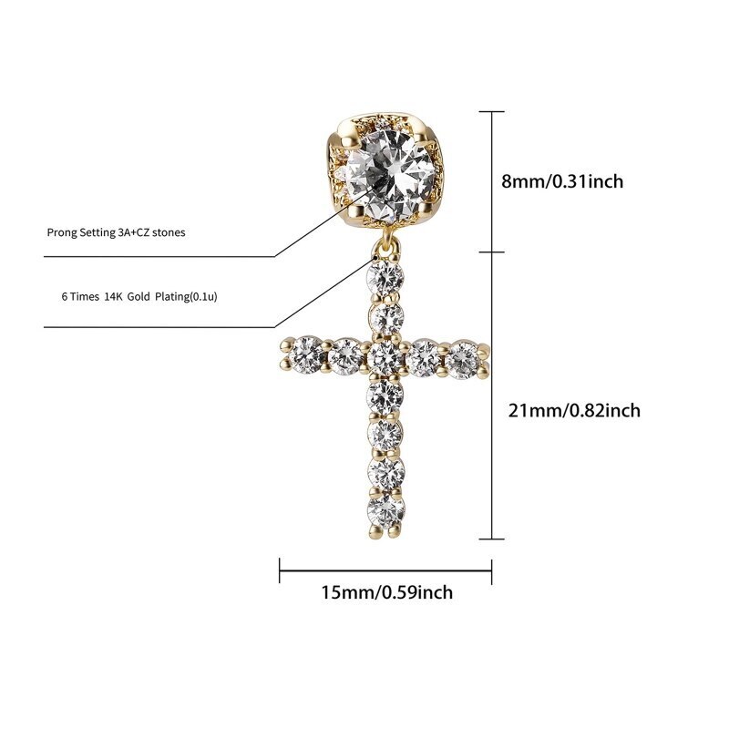 Iced Stud Cross Drop Hanging Huggie Dangle Hoop Sterling Silver Cz Gold Plated