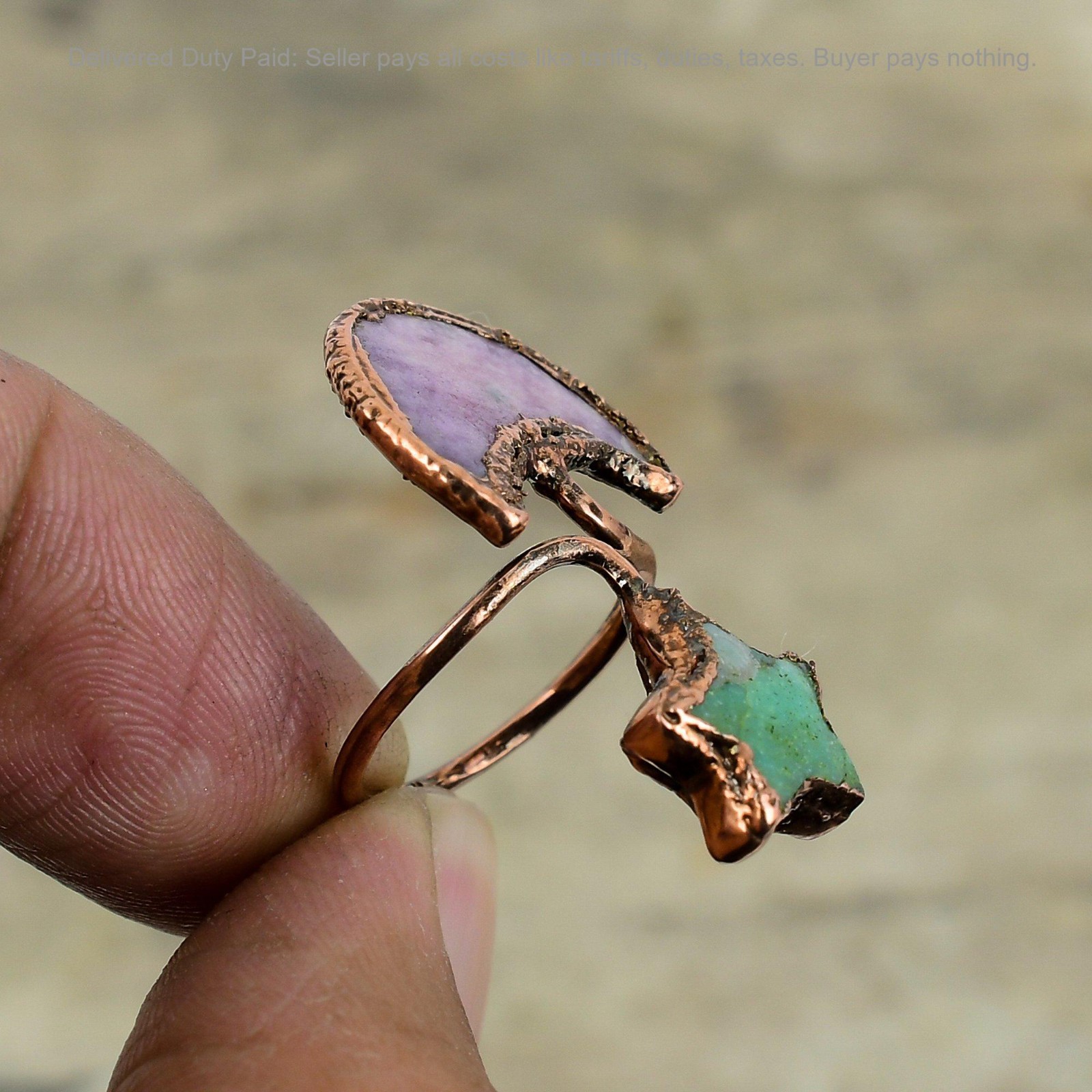 Copper Pink Tourmaline Gemstone Chrysoprase Stackable Electroformed Ring Jewelry