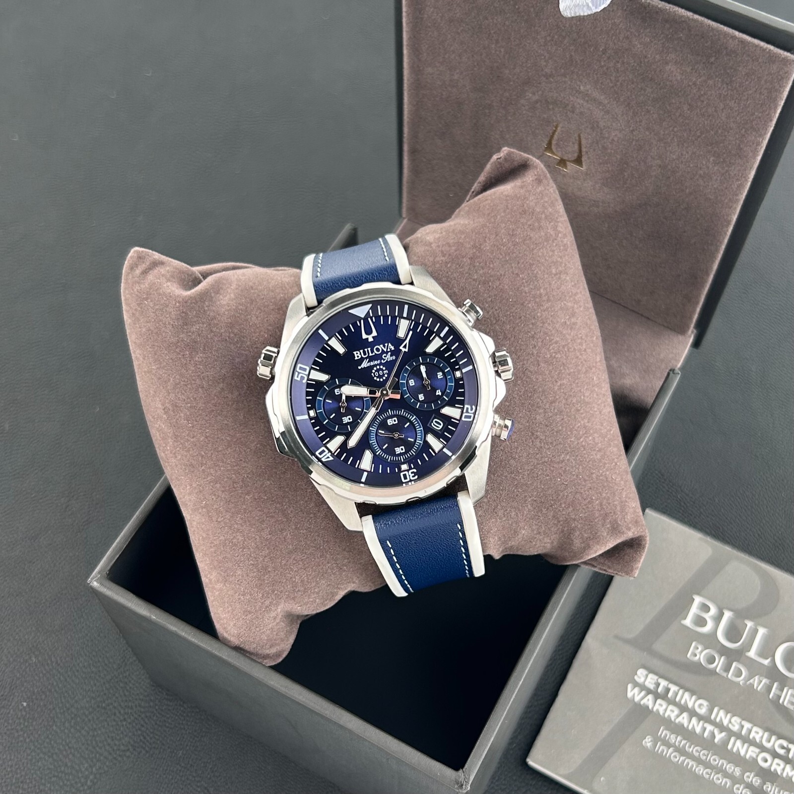 Bulova Marine Star 96B287 Blue Dial-Blue Silicone Strap Men’s Quartz Watch 43mm