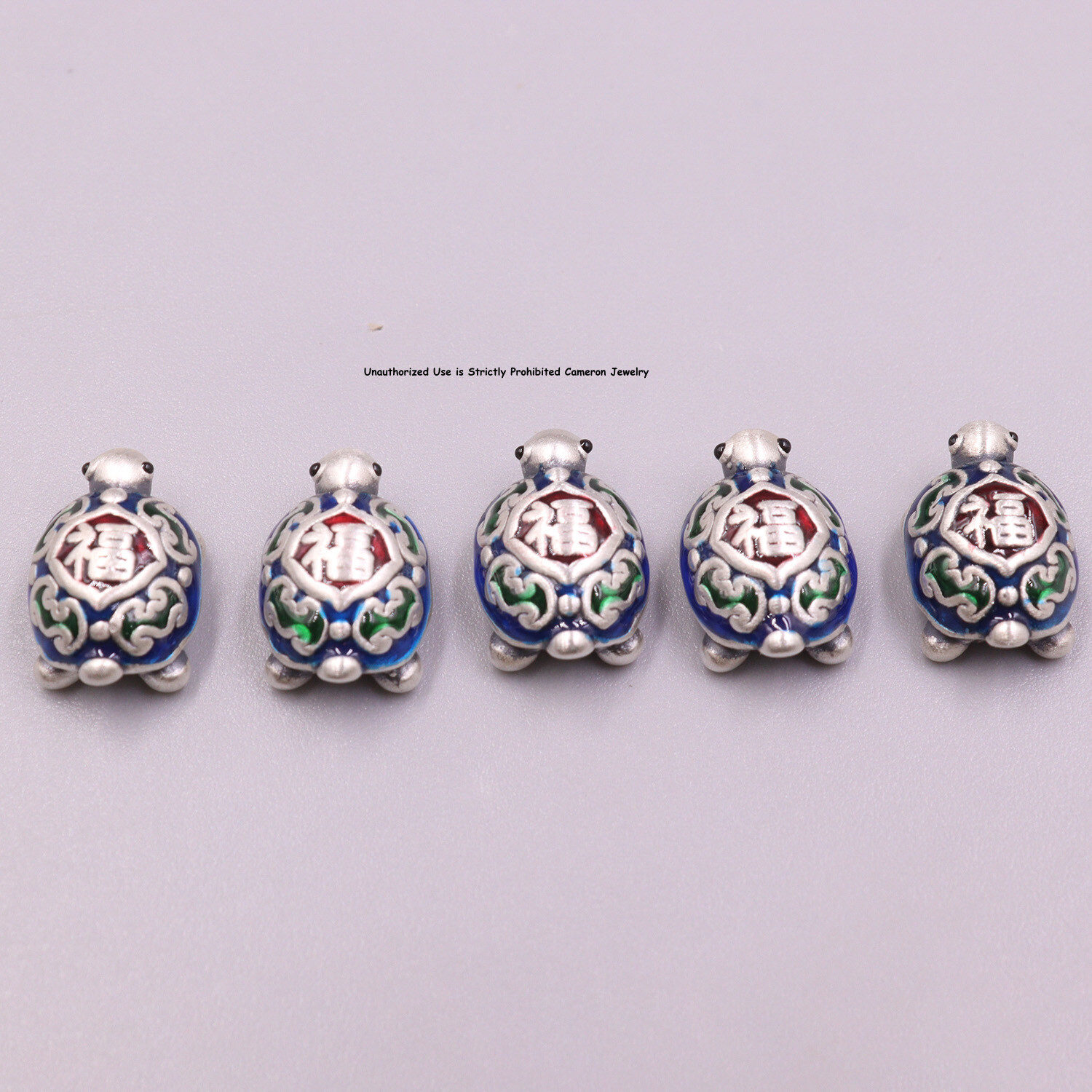 5pcs Pure S999 Fine Silver Men Women Enamel Fu Turtle Bead Pendant 14*9mm