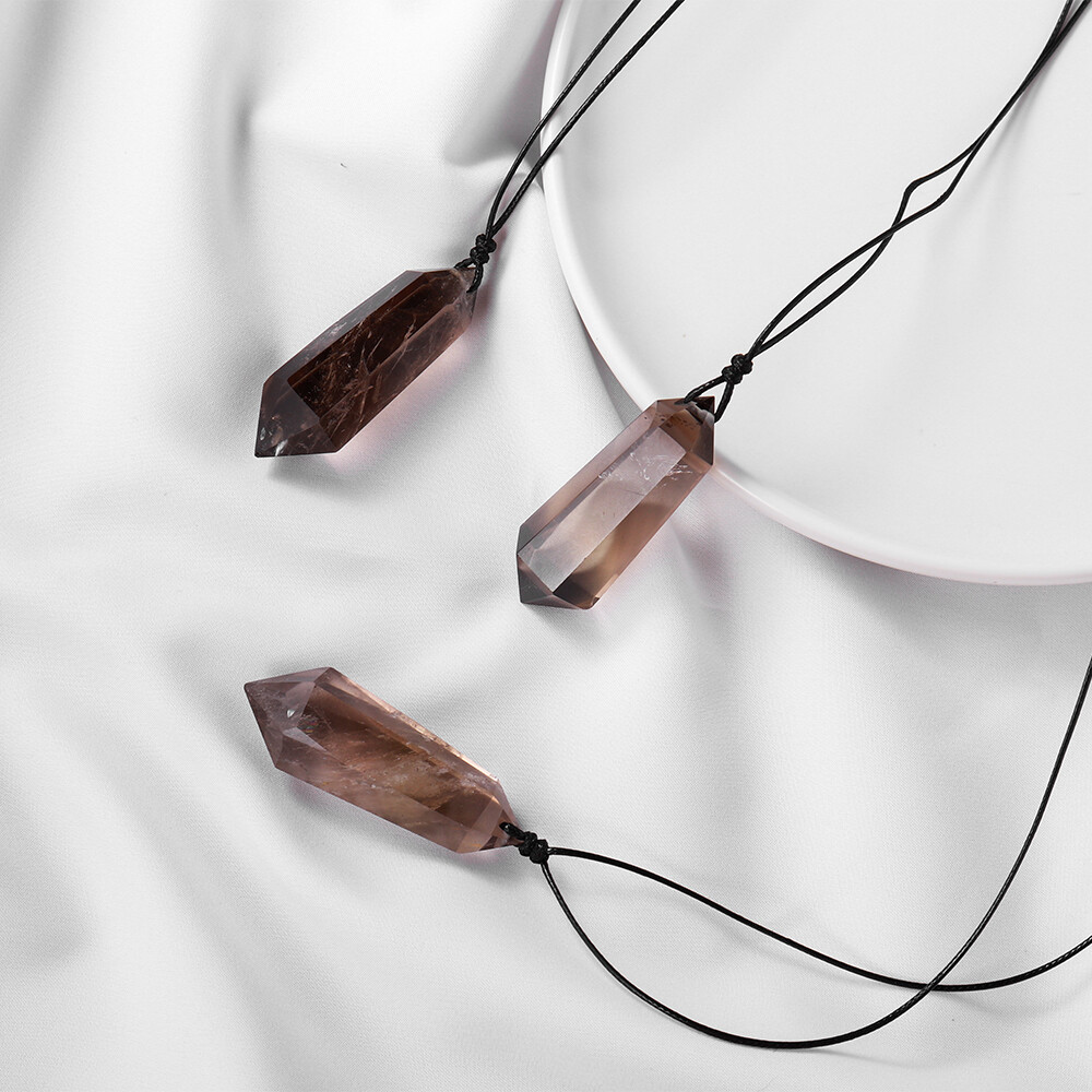 Smoky Quartz Crystal Double Point Pendant Natural Necklace Hexagonal Stone