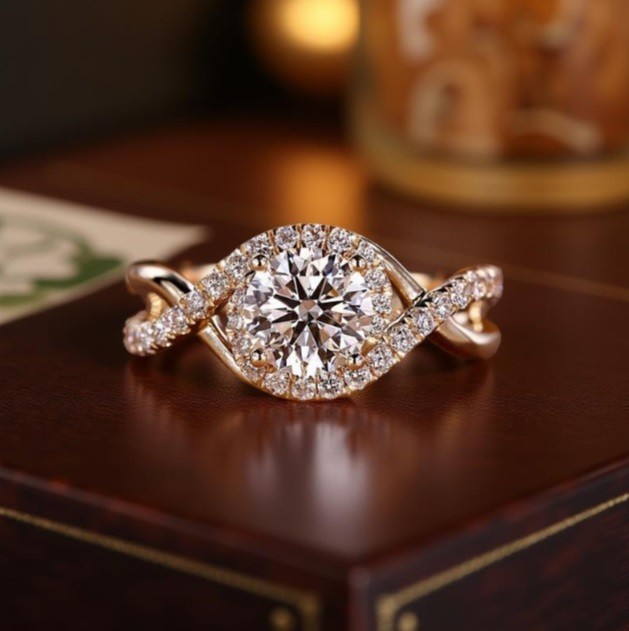 Round Moissanite Twisted Halo Engagement Ring Handmade Bridal Ring