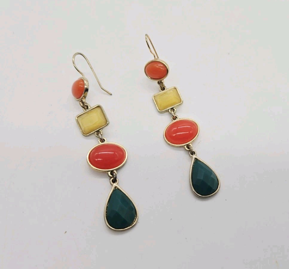 Liz Claiborne Geometric enamel Dangle Earrings 80s Retro Green Orange Yellow 3 “