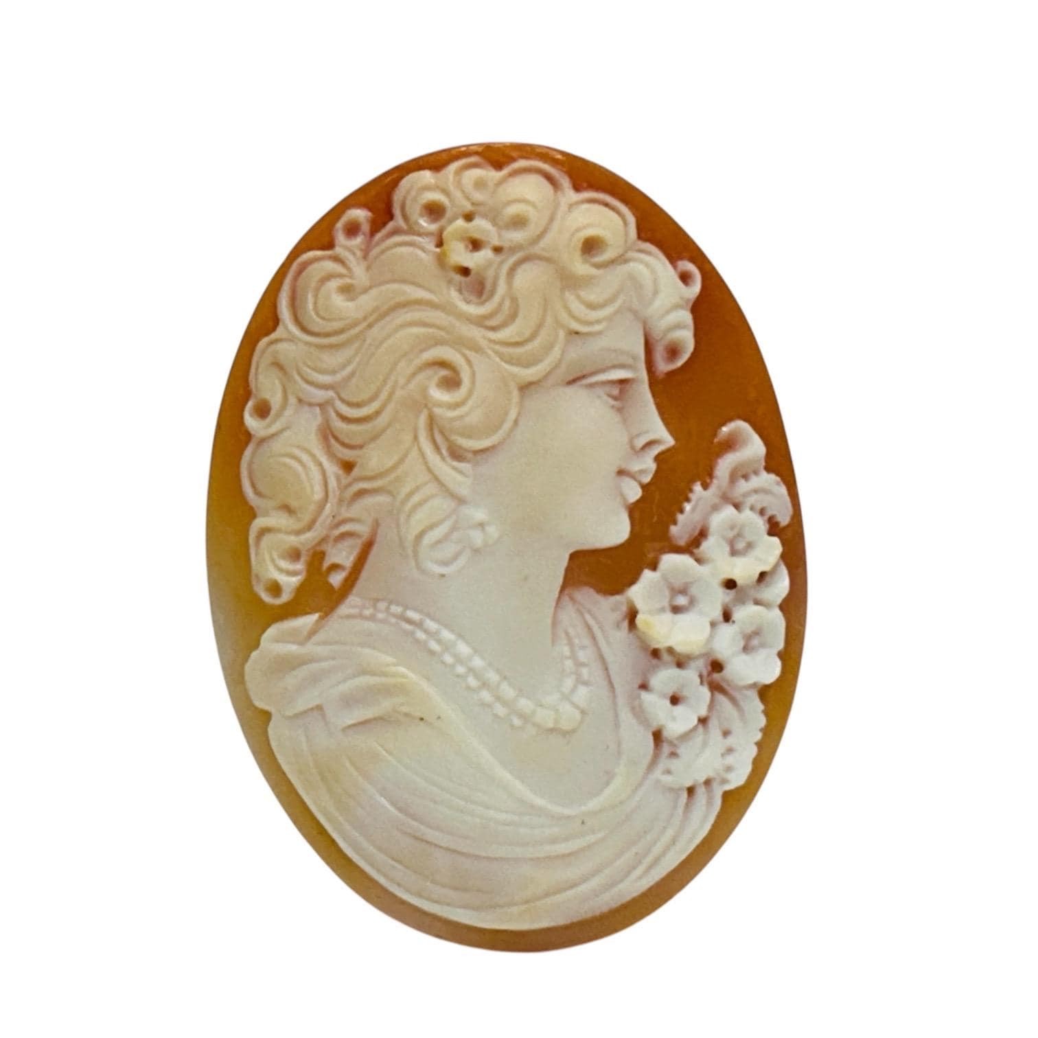 Vintage Shell Oval Loose Cameo Right Facing Woman Flowers