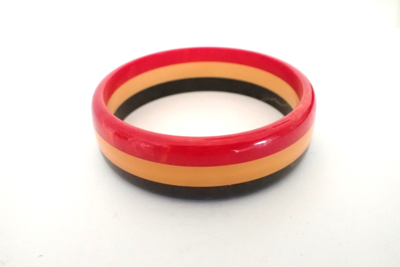 Vintage 3 Color Striped Laminated Bakelite Bangle Bracelet Black Yellow Red