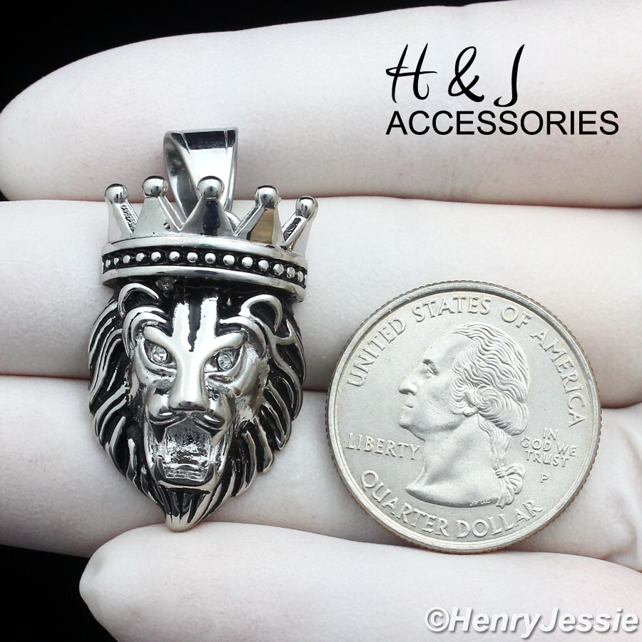 18″-36″MEN Stainless Steel 3mm Silver Box Link Chain ICY CZ 3D Lion Pendant*P145