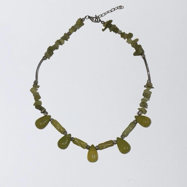 Vintage Chartreuse Resin & Stone Necklace — 1960s Modernist Organic Form