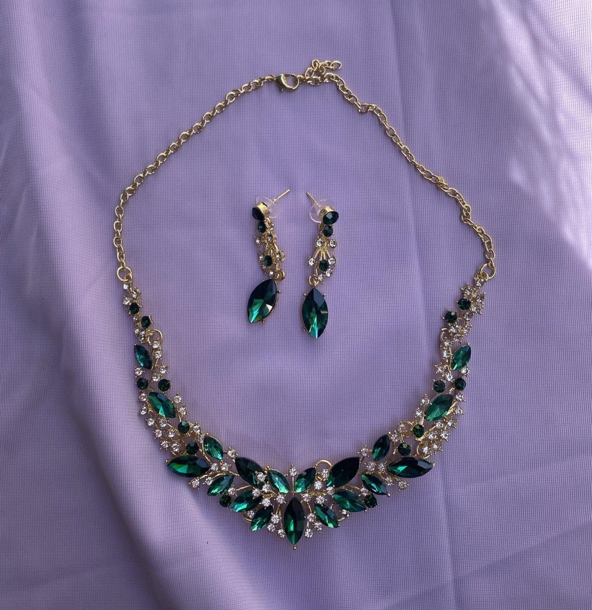 Gold Tone Green Marquise Crystal Rhinestone Necklace & Drop Earrings Set