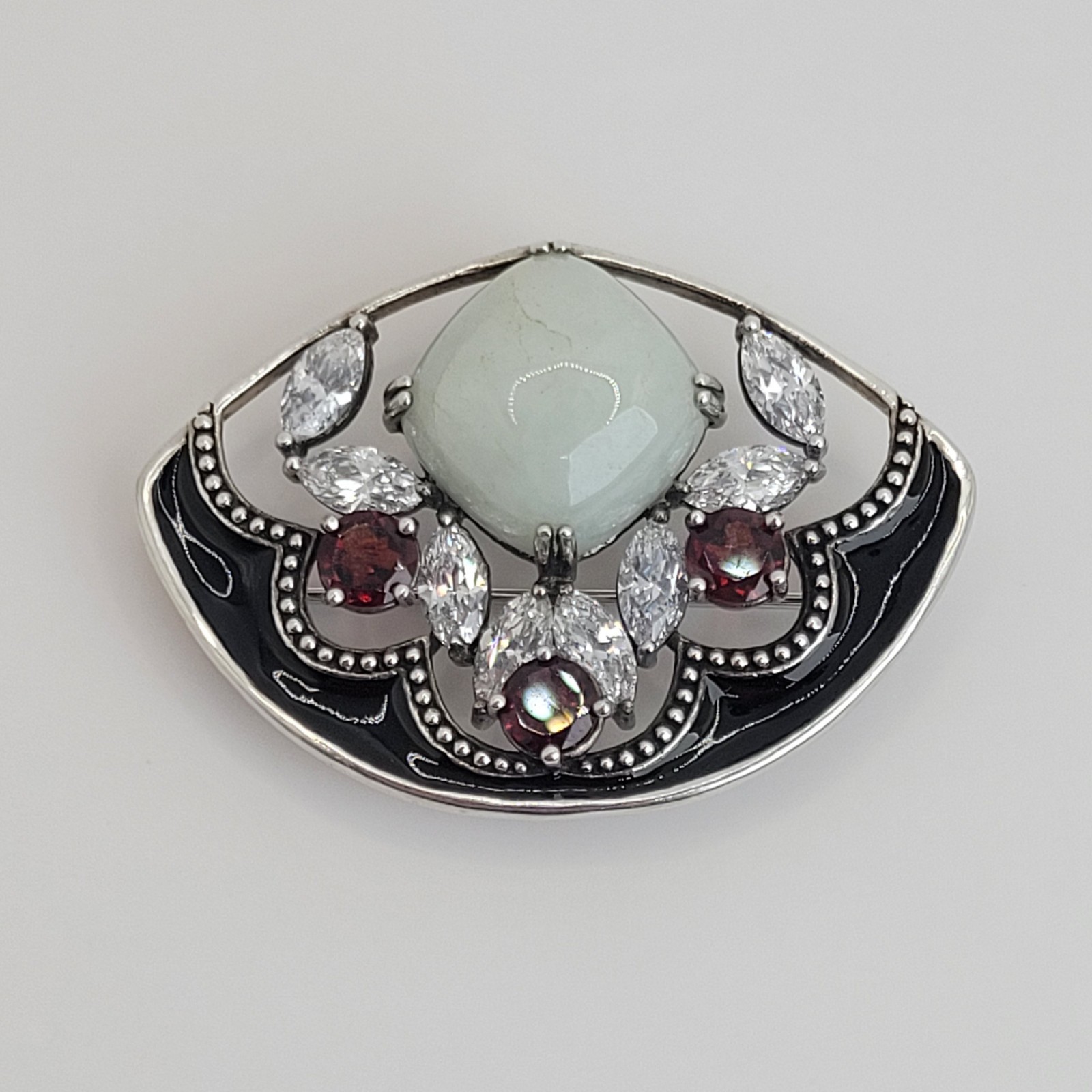 925 Sterling Silver Celadon Jade Garnet Black Enamel Fan Enhancer Pendant Brooch