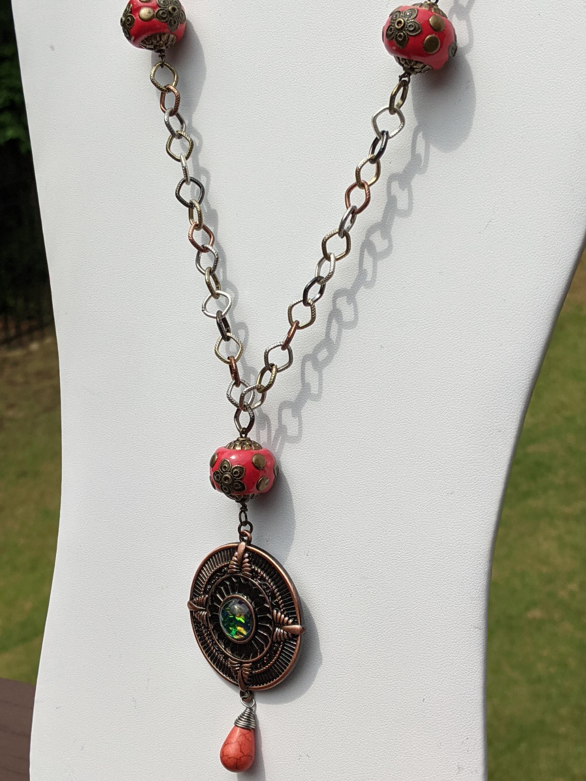 Copper Medallion on a Long Tri-colored Chain Necklace