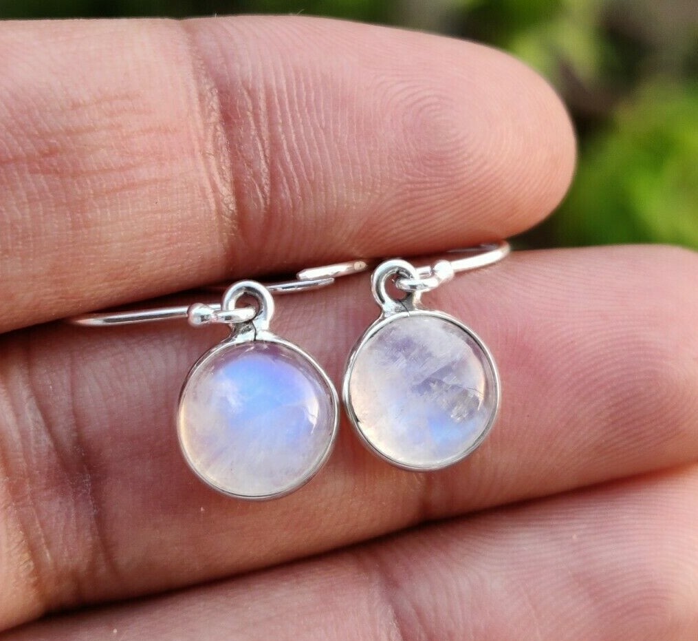 Blue Fire Rainbow Moonstone Round Cabochon 925 Sterling Silver Handmade Earrings