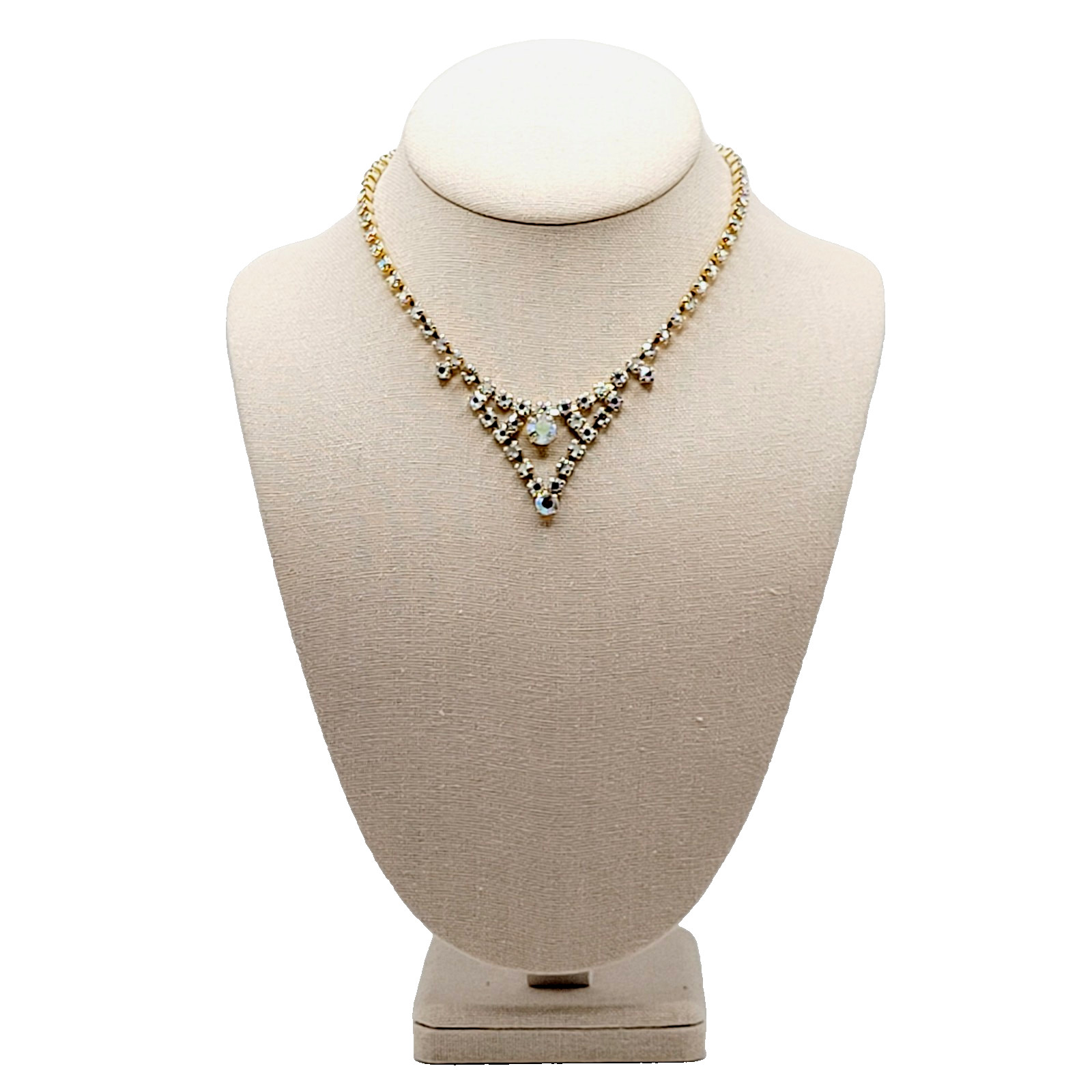 Swag or V Style Drop Choker AB Rhinestone Necklace Gold Tone Vintage 15 inch
