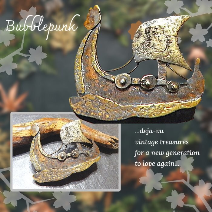 Vintage Scandinavian Primitive Viking Ship Handcrafted Brass Pin ~ ESTATE