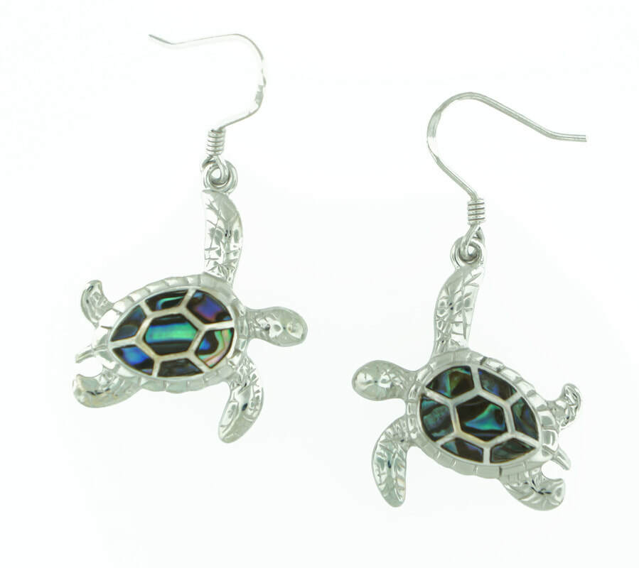 Solid 925 Sterling Silver Natural Abalone Shell Women’s Sea Turtle Drop Earrings