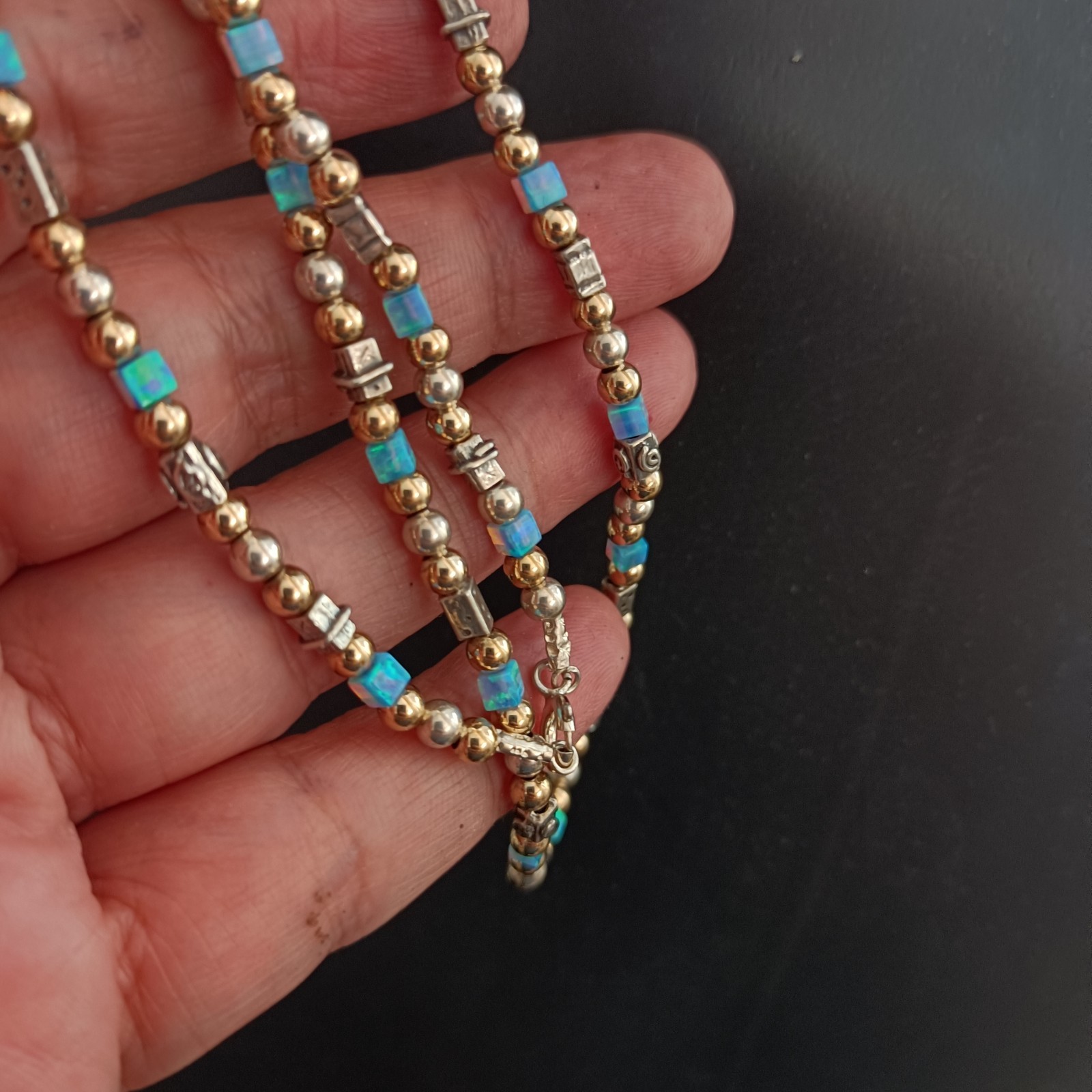 Israeli Modernist Necklace Sterling Silver Gold Filled Artisan Chic Blue Stone