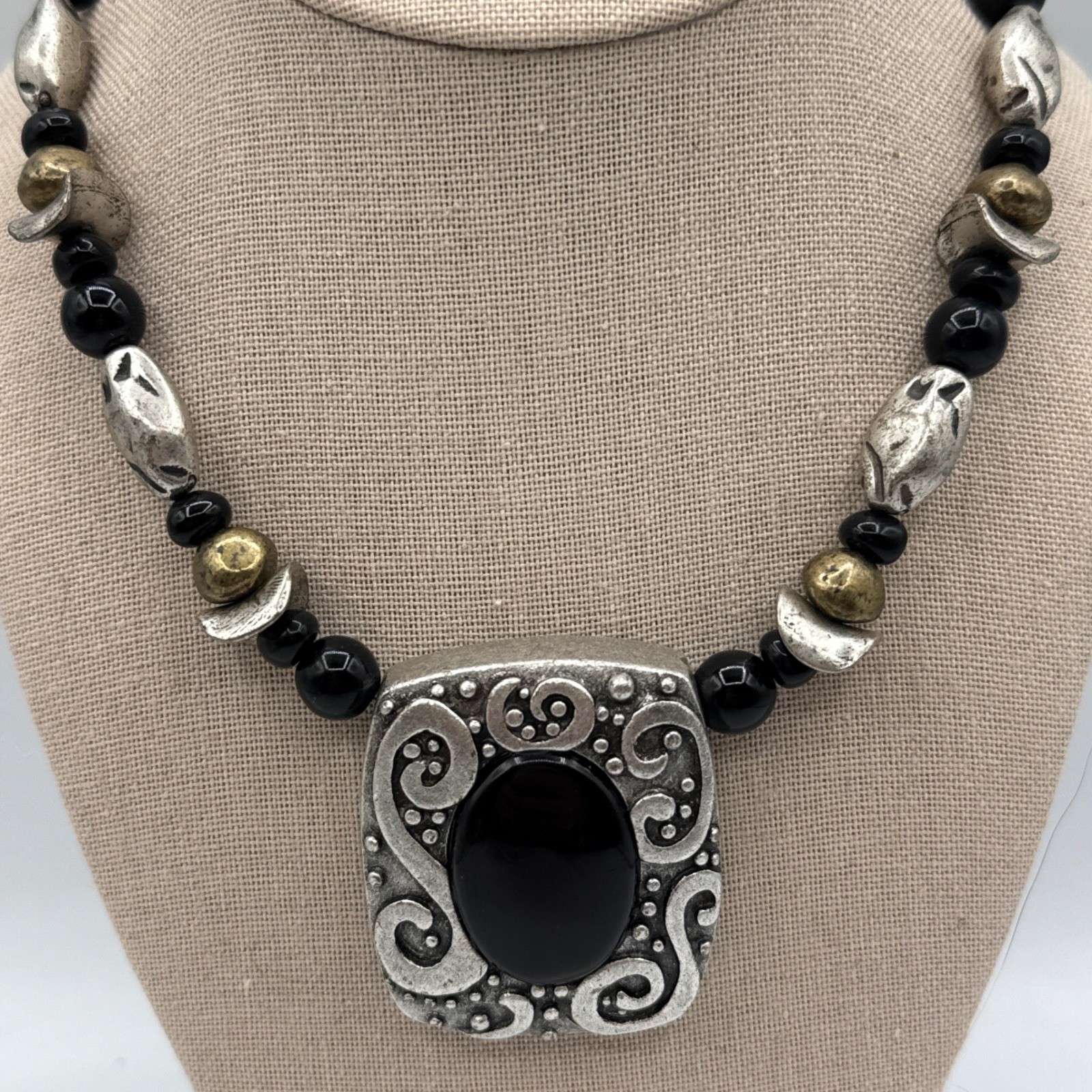 Chico’s Statement Necklace Black Silver Gold Scroll Pendant Boho Tribal Artisan