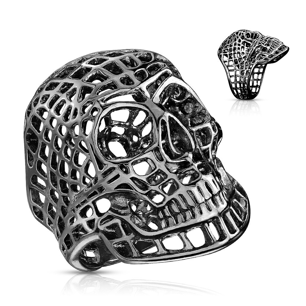 Stainless Steel Men’s Mesh Skull Biker Ring Gold Plated Black or Silver