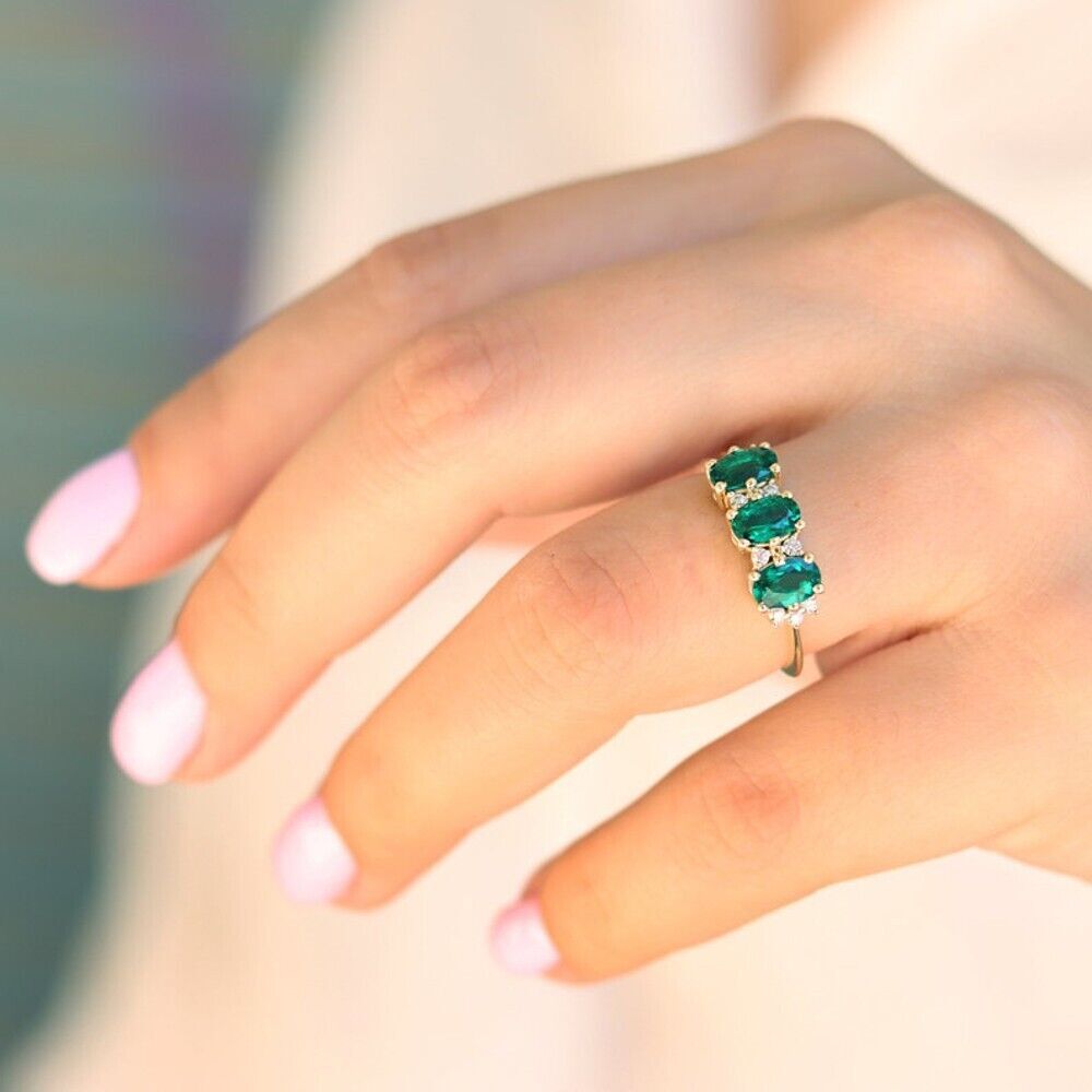 Green Emerald Wedding Ring 14K Yellow Gold Certified 1.35 Ct Lab Created Diamond