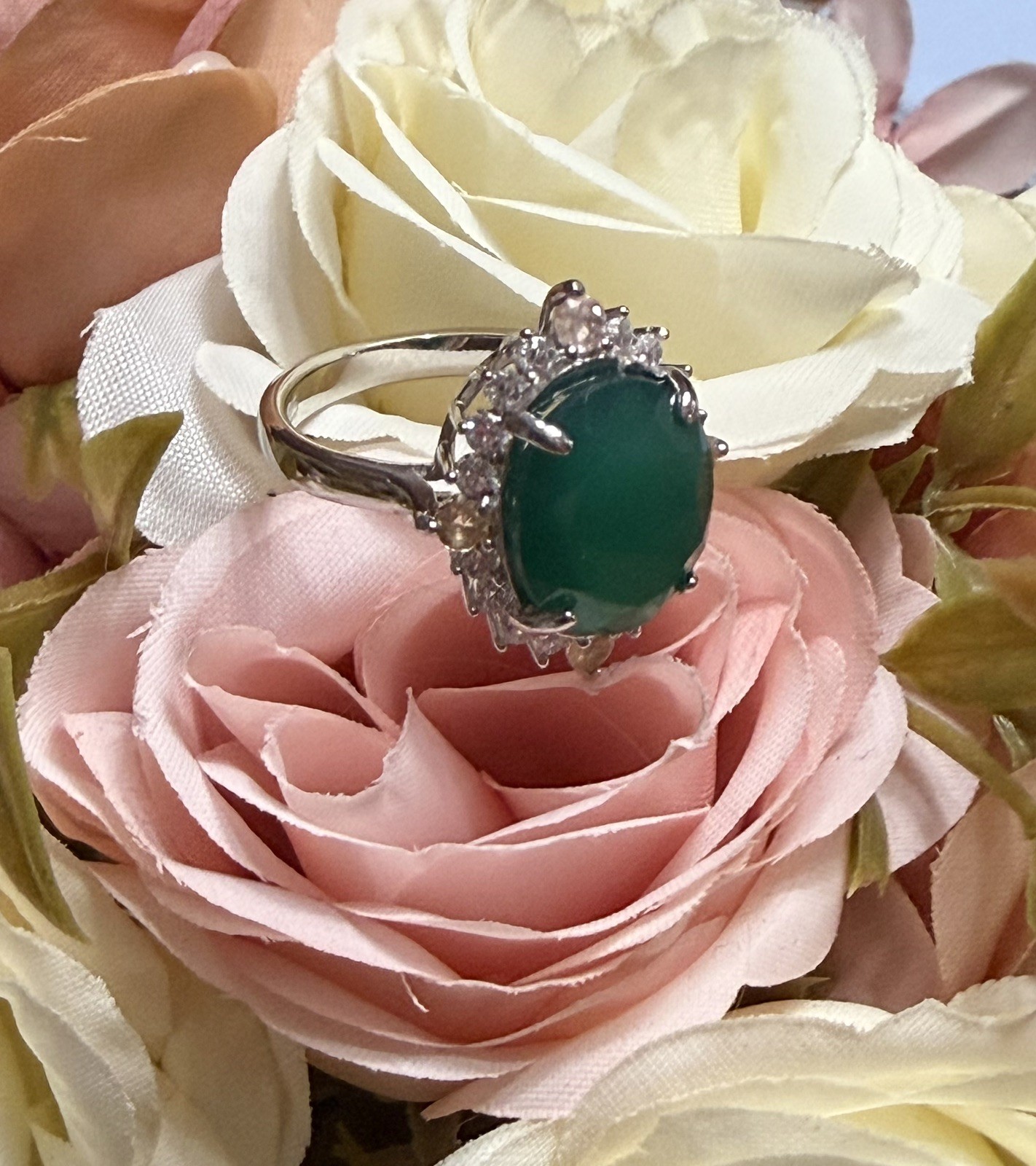 Stunning Natural Green Agate 4CT Sapphire & Zircon 925 Sterling Silver Ring Sz 6