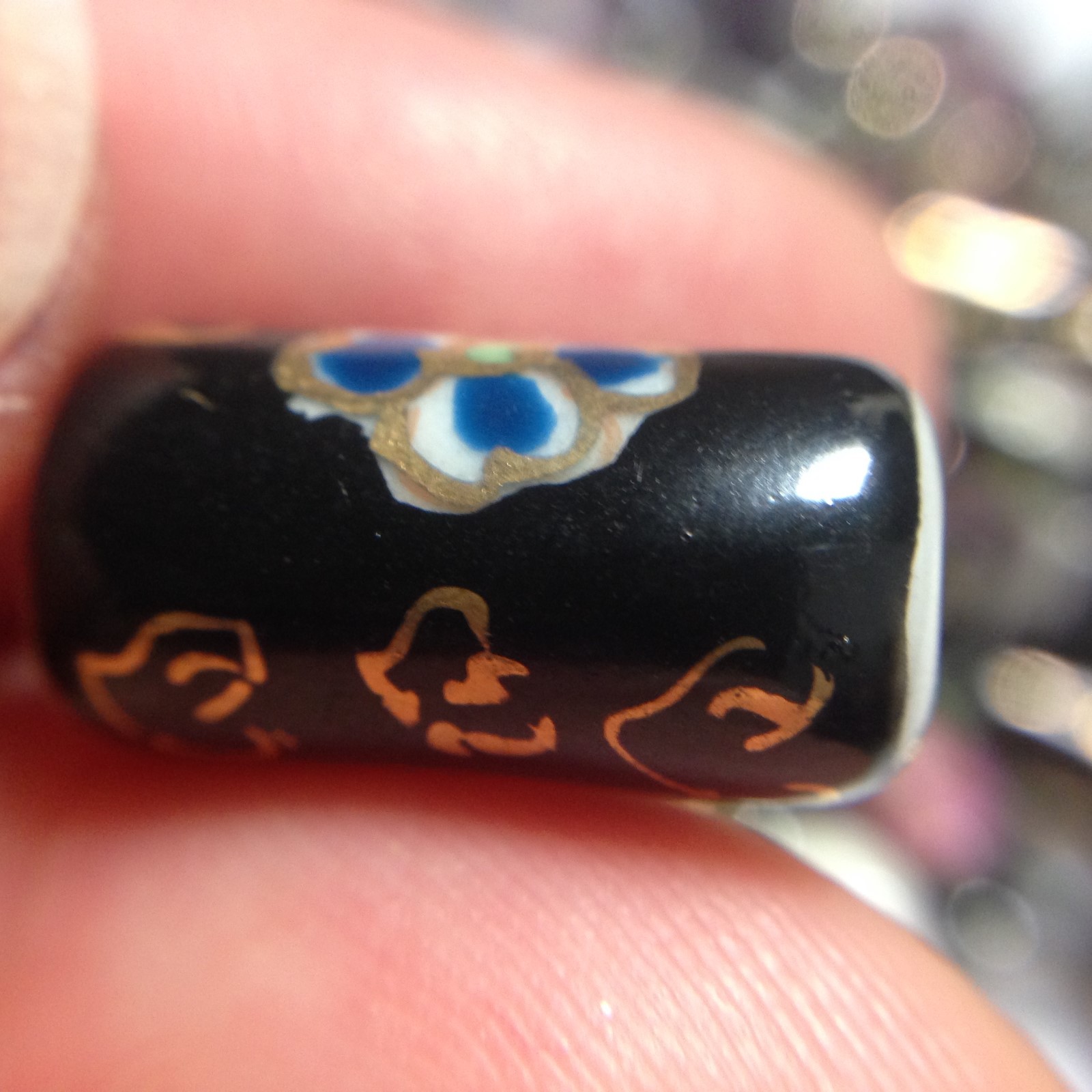 Black Porcelain Hand Painted Floral Cylinder/Tube Beads, Approx. 17x9mm , 3PCS