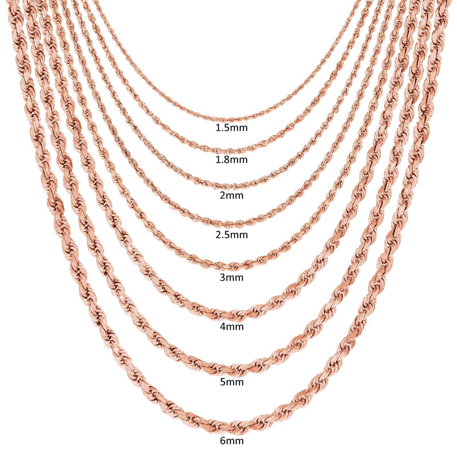 10K Rose Gold 1.5mm-6mm Diamond Cut Rope Chain Necklace Mens Womens 16″-30″