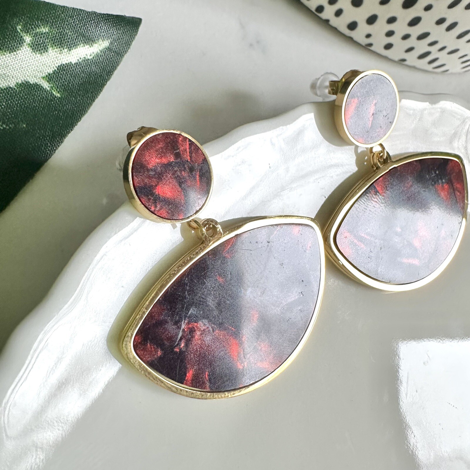 Red Tortoiseshell Acrylic Earrings Arch Dangle Faux Stone Boho Jewelry Gift NEW
