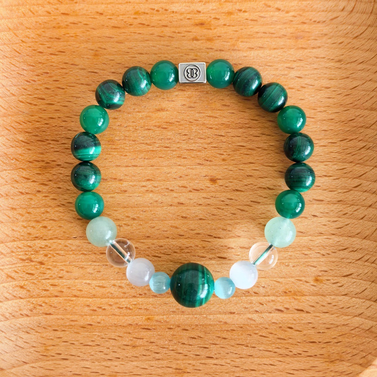 Custom Engraved Bracelet Malachite Green Agate Clear Quartz Beaded Name Jewelry