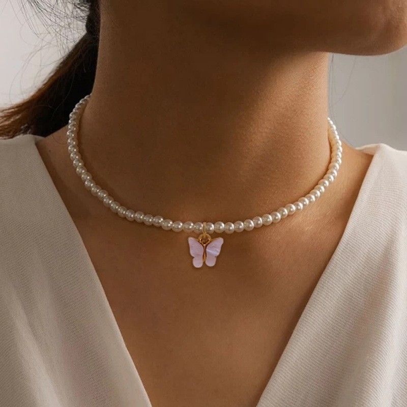Elegant White Pearl Choker Necklace Small Round Pearl Wedding Butterfly Necklace