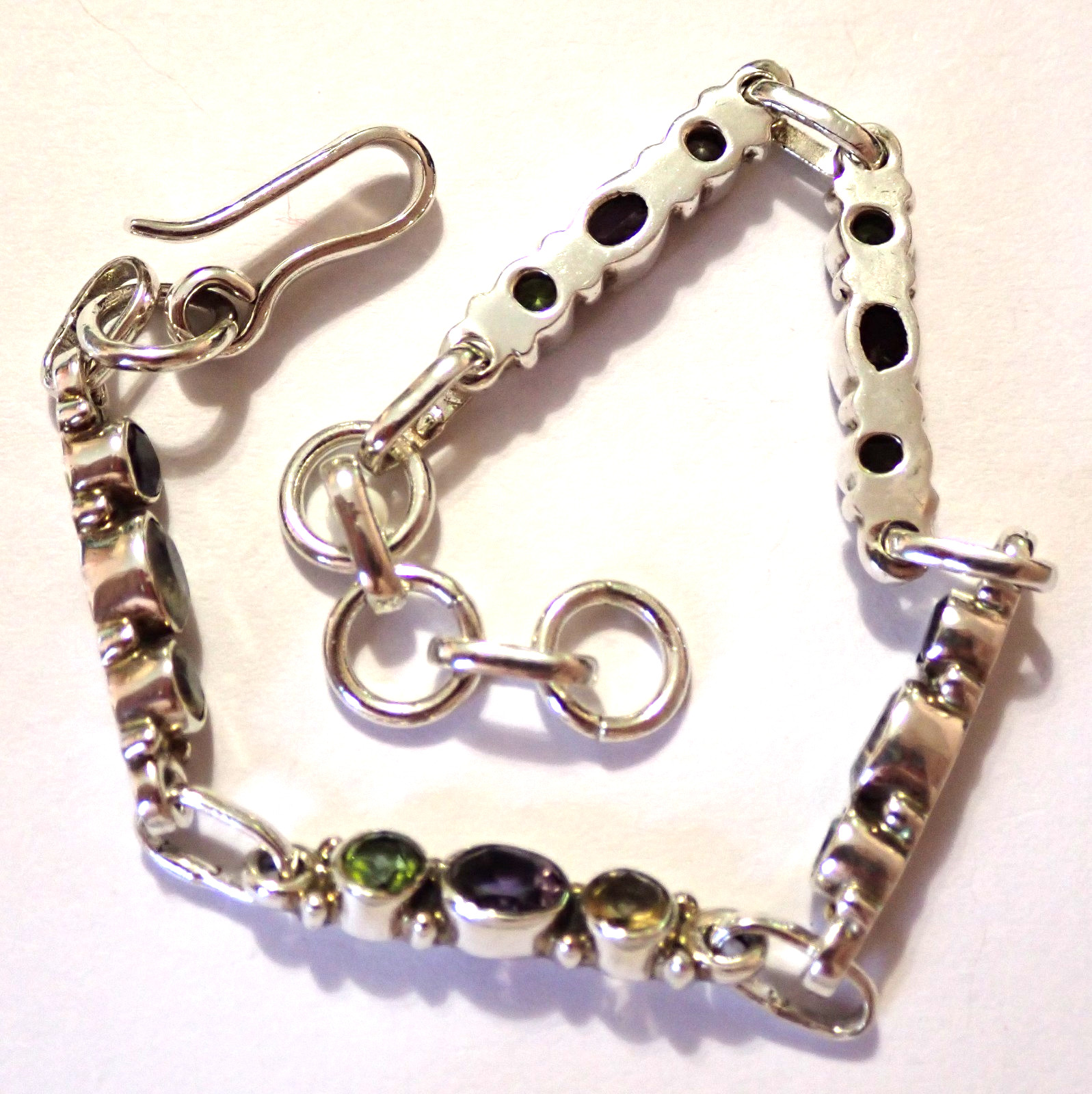 Multi-Stone Bracelet Peridot Amethyst Garnet Sterling Silver Hook 7.75″ 11.7g
