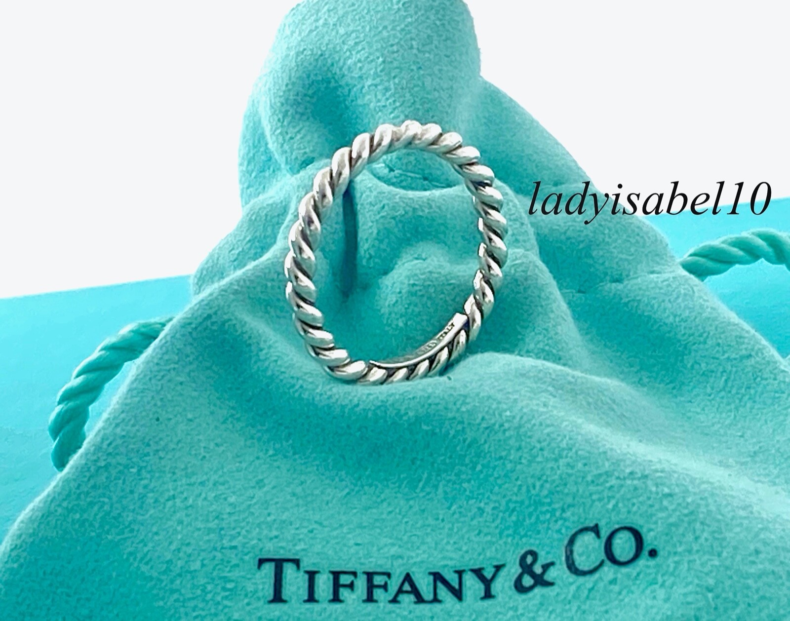 Tiffany & Co Sz 5.25 Twist Rope Narrow Band Ring Silver w Pouch Authentic -Italy