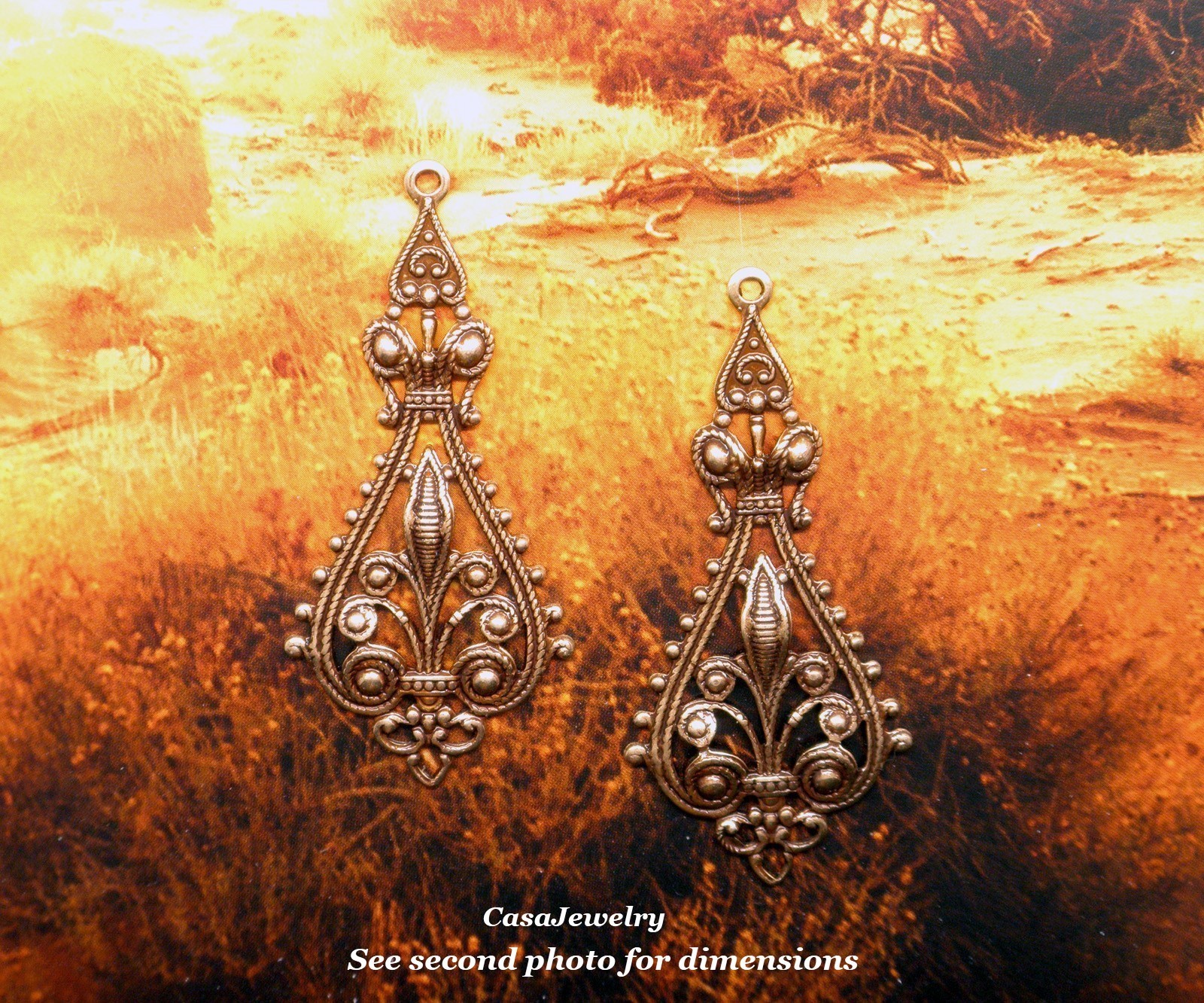 #0010 ANTIQUED GOLD OPEN FILIGREE TEARDROP W/TOP HANG RING – 2 Pcs