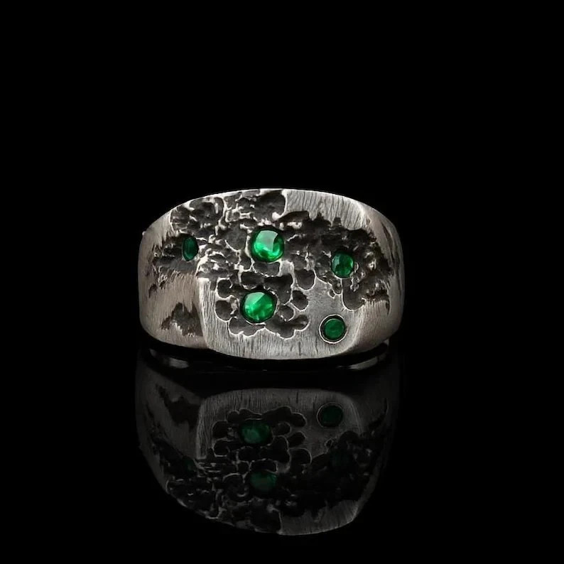 Handmade Emerald Signet Ring 925 Sterling Silver Vintage Distressed Mens Ring