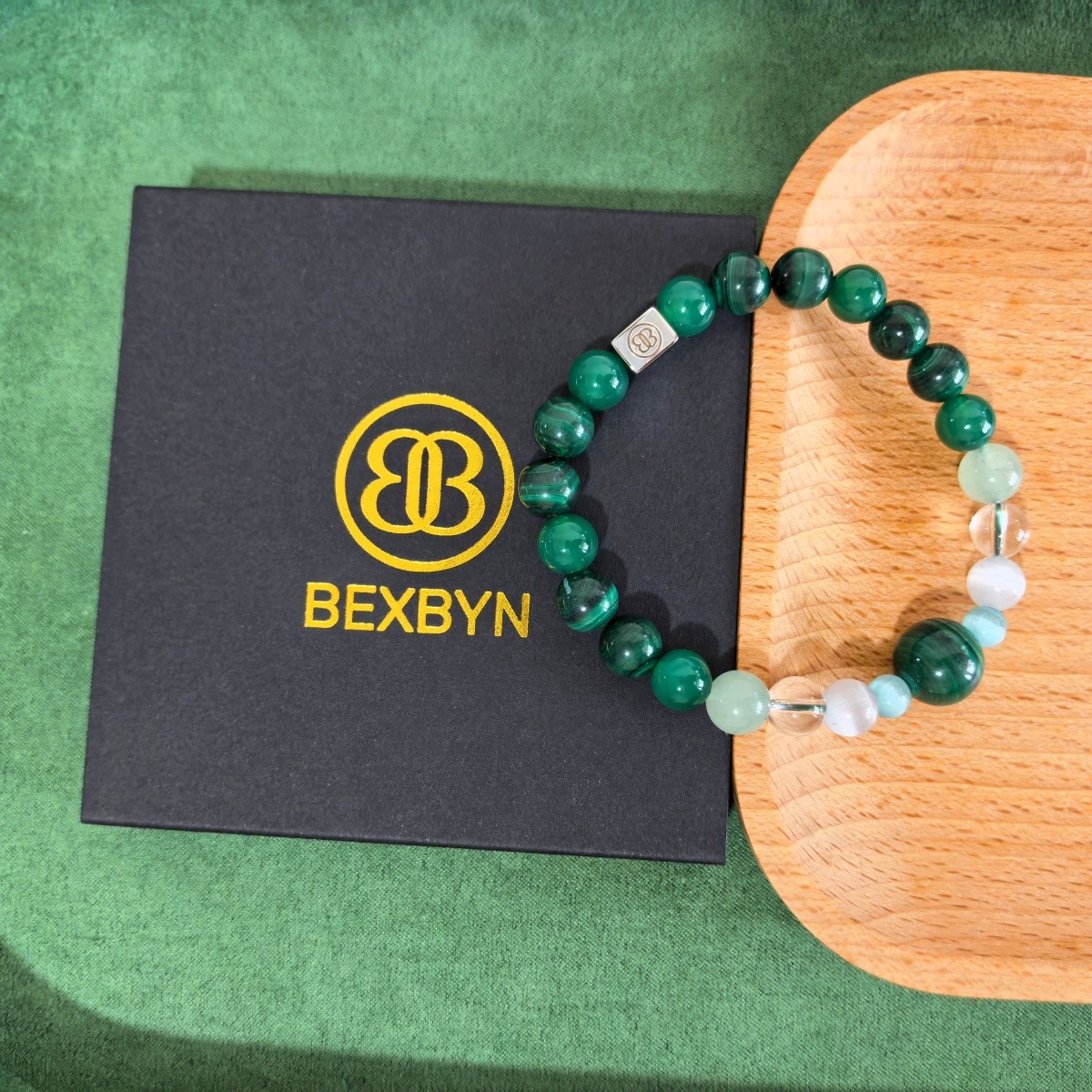 Custom Engraved Bracelet Malachite Green Agate Clear Quartz Beaded Name Jewelry