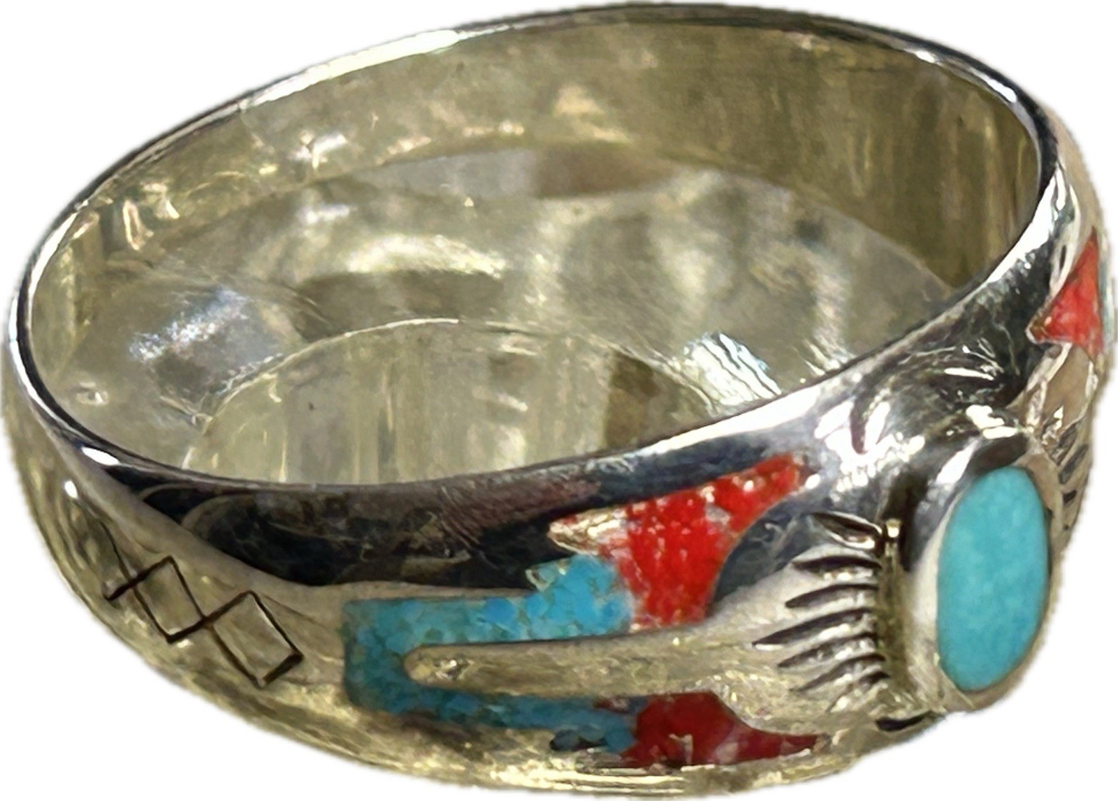 Southwest Silver Ring Native American Indian Style Turquoise with Red Coral