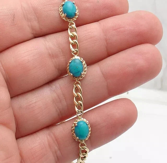 Natural Turquoise Gemstone Tennis Curb Link Bracelet 925 Silver14k Yellow gold P
