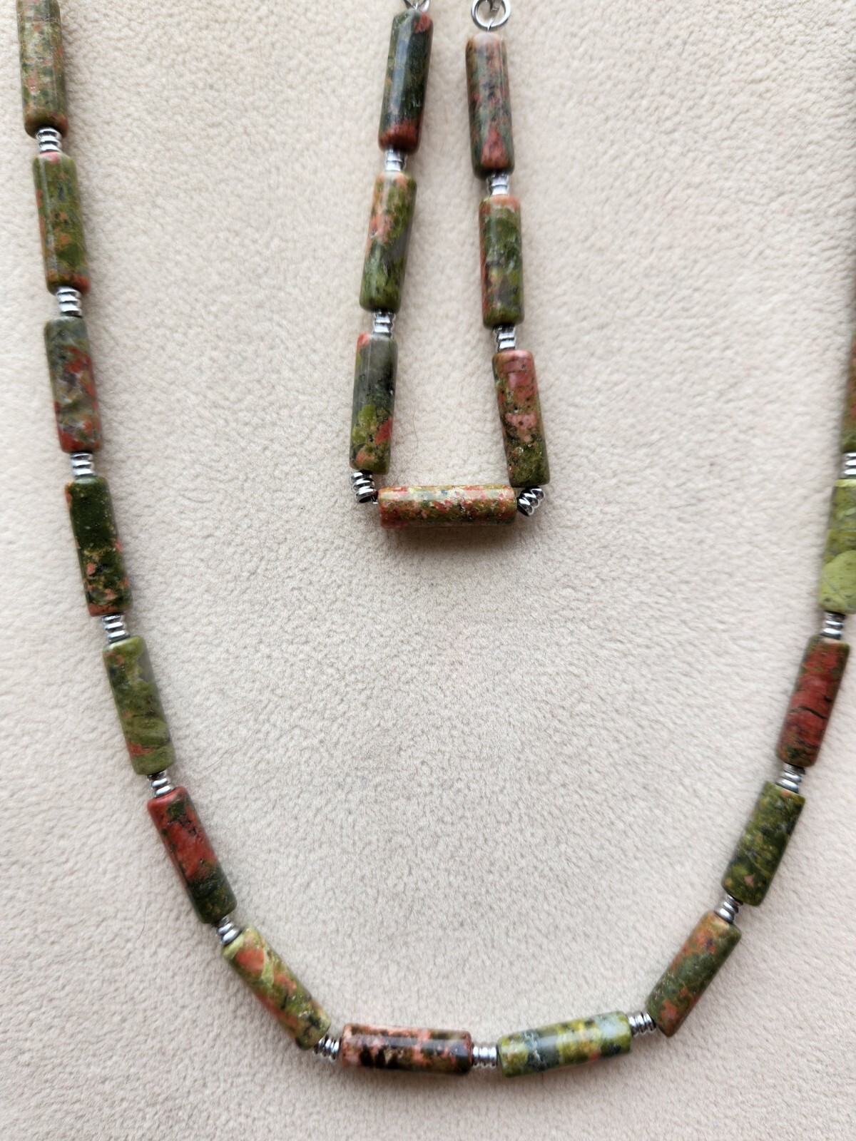 Unakite Paperclip Chain Necklace (20-22 In) & Bracelet (7.5-9.0 In) in Stainless