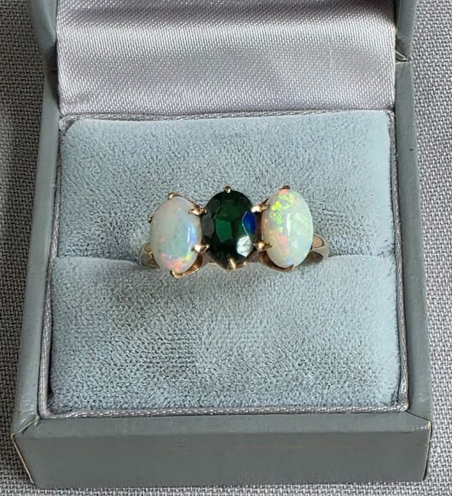 Antique Trilogy Ring Vibrant Opals and Deep Green Center Stone 10k Gold Superb!