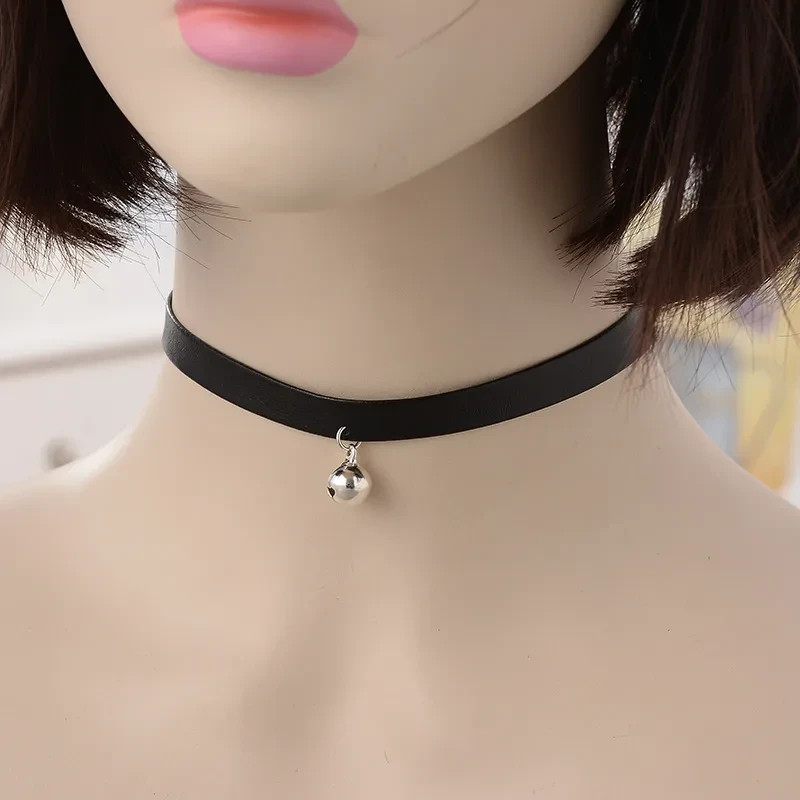 Black Leather Bell Choker Necklace Gothic Anime Cosplay Cute Collar Jewelry
