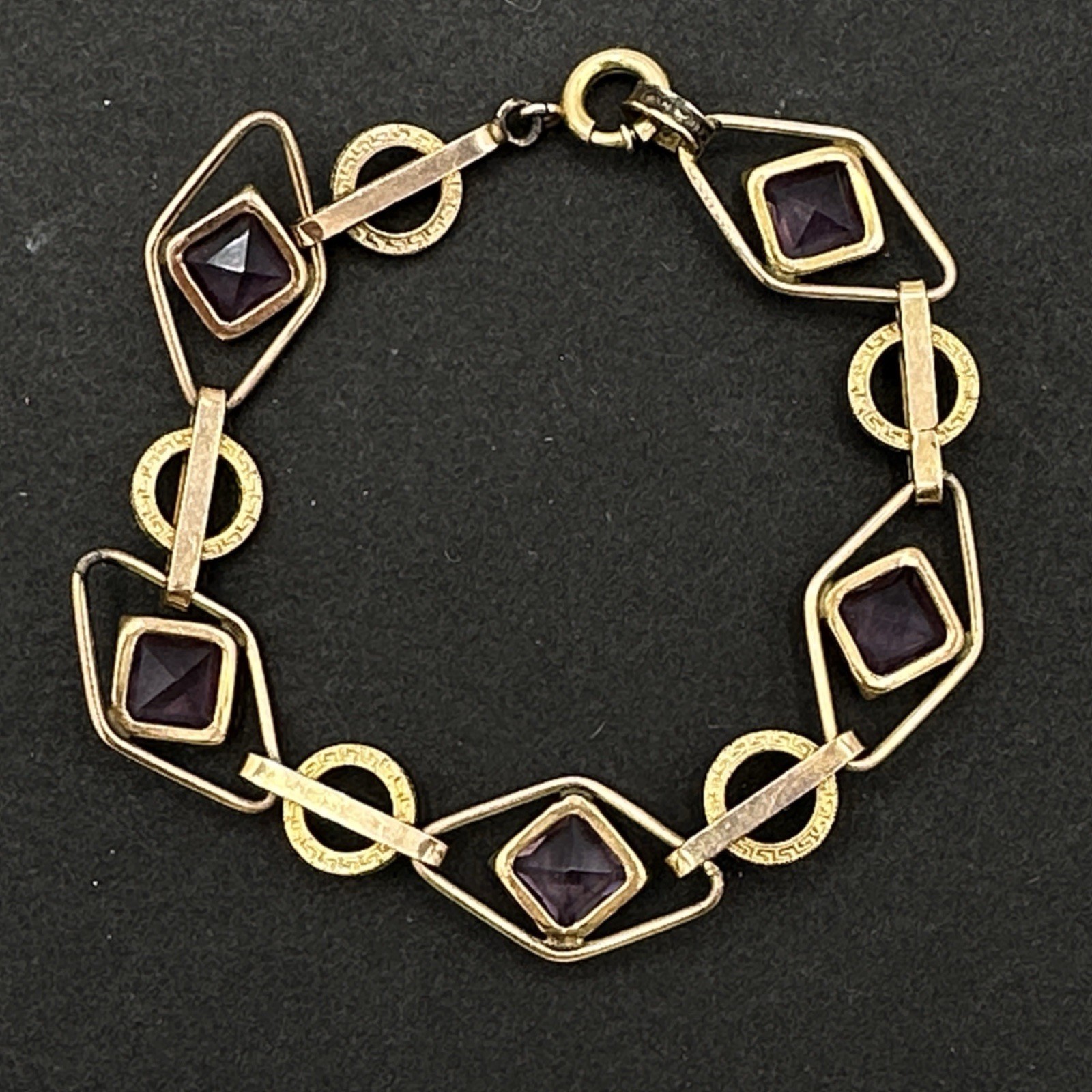 ART DECO 12K gold-filled bracelet – vintage purple amethyst glass embossed links