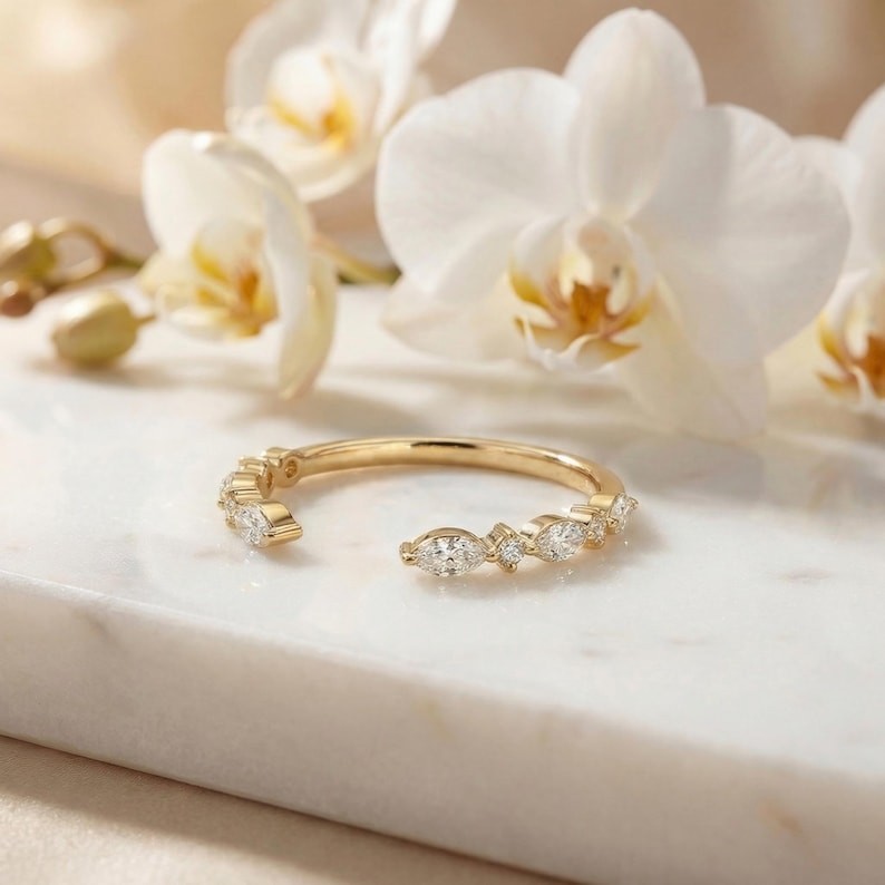 Marquise & Round Cut Moissanite 14K Gold Open Cuff Wedding Band, Gift For Her