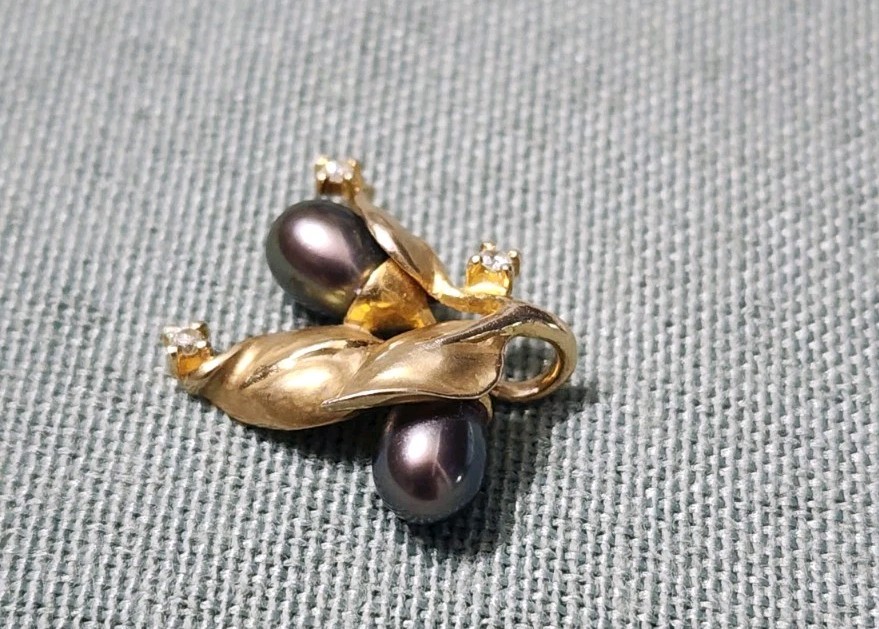 Vintage 14K Gold Tahitian Black Pearl Diamond Leaf Spray Pendant 585 Solid 2g