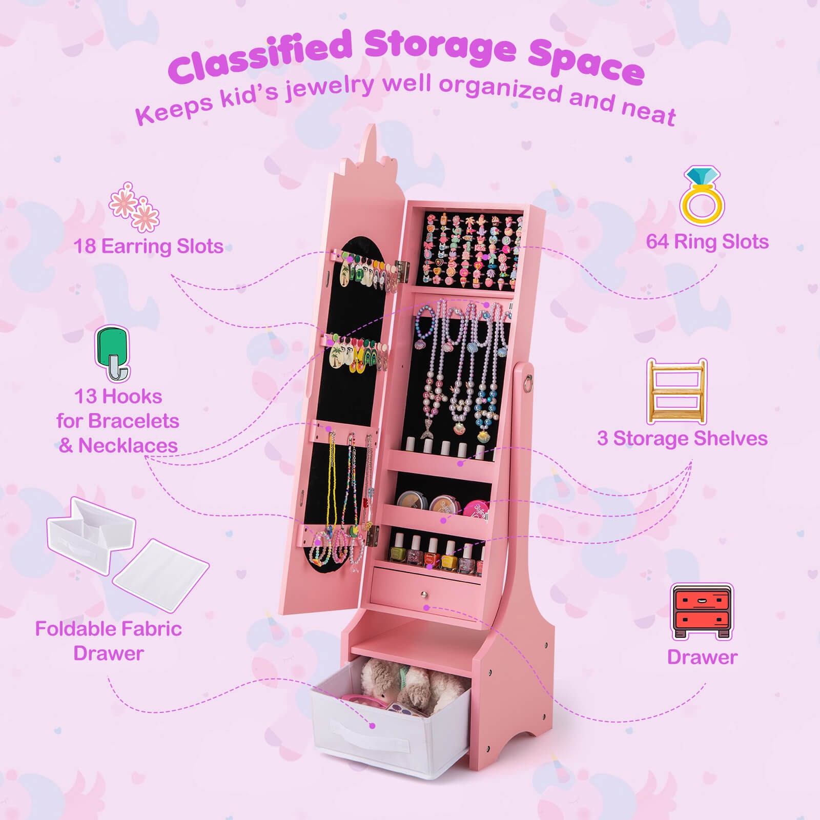 Kids Vanity Set Princess Makeup Dressing Table & Chair Set w/Kids Jewelry