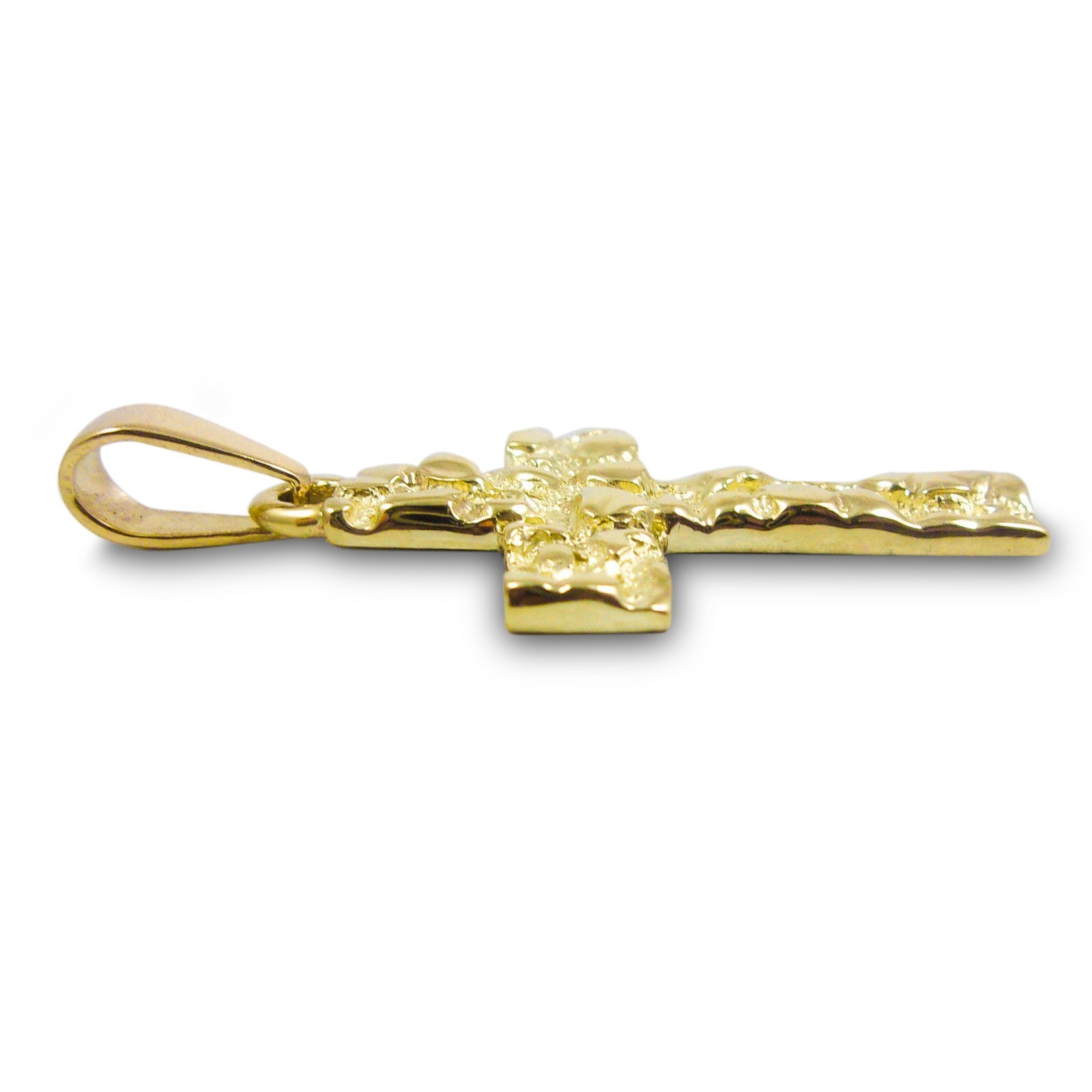 Real 18K Yellow Gold Nugget Cross Handcarved Mens Gold Cross Pendant All Sizes