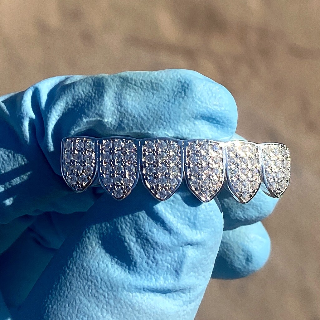 Real 925 Sterling Silver Teeth Grillz Moissanite Micro Pave Iced Flooded Out