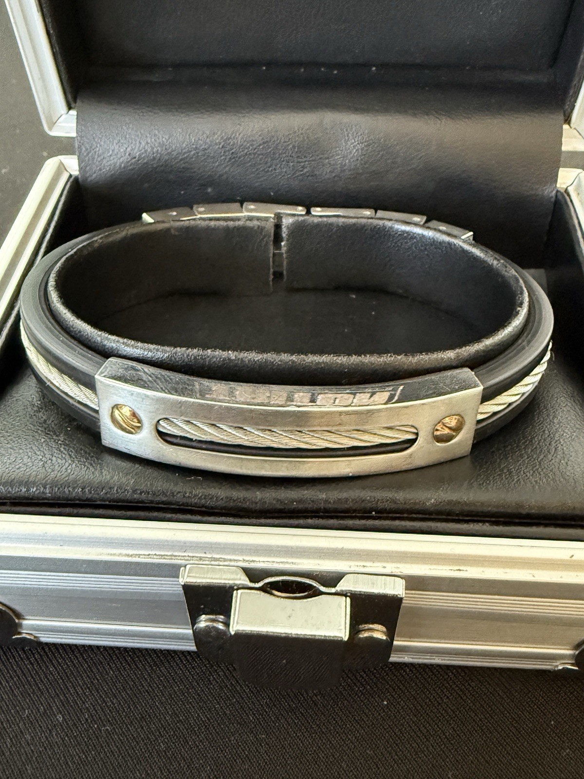 Triton Mens Bracelet Stainless Steel & Black Rubber 14K Gold Screws Cable Inlay