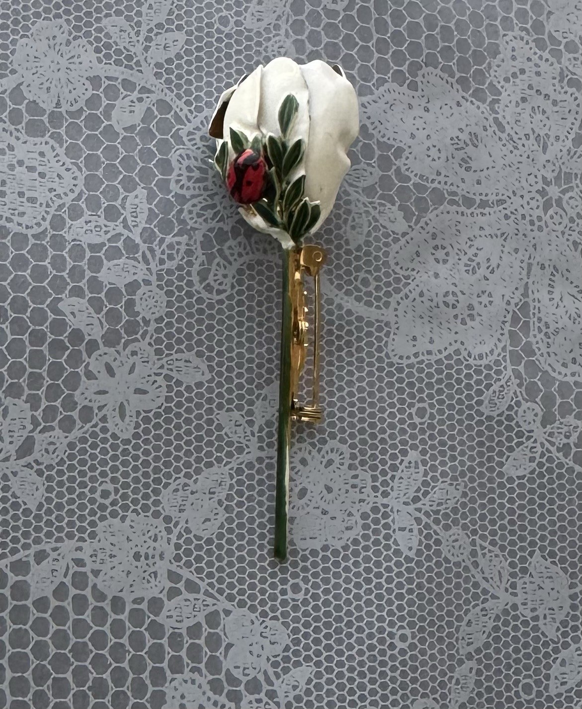 Vintage ladybug on rose Original by Robert” brooch / enamel on metal