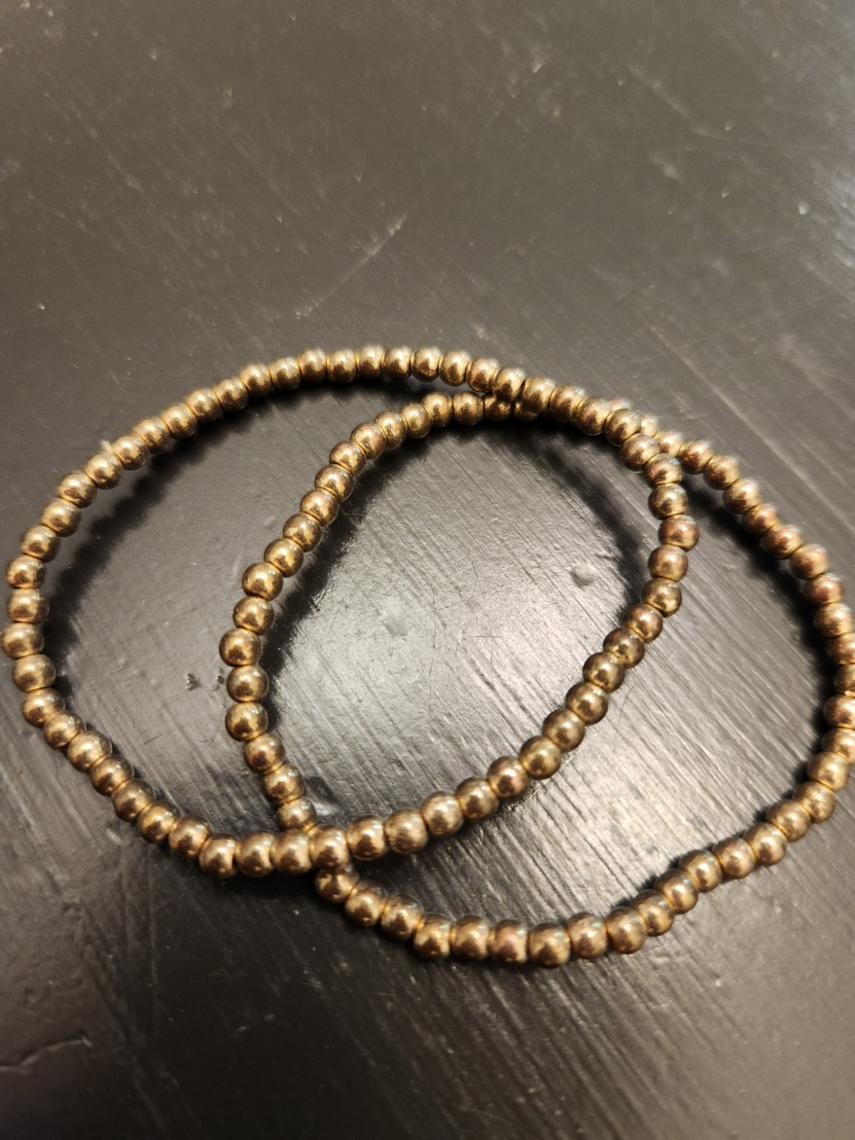 2 Gold Tone Round Beaded Ball/Bead Stretch Bracelets, Stackable Metal