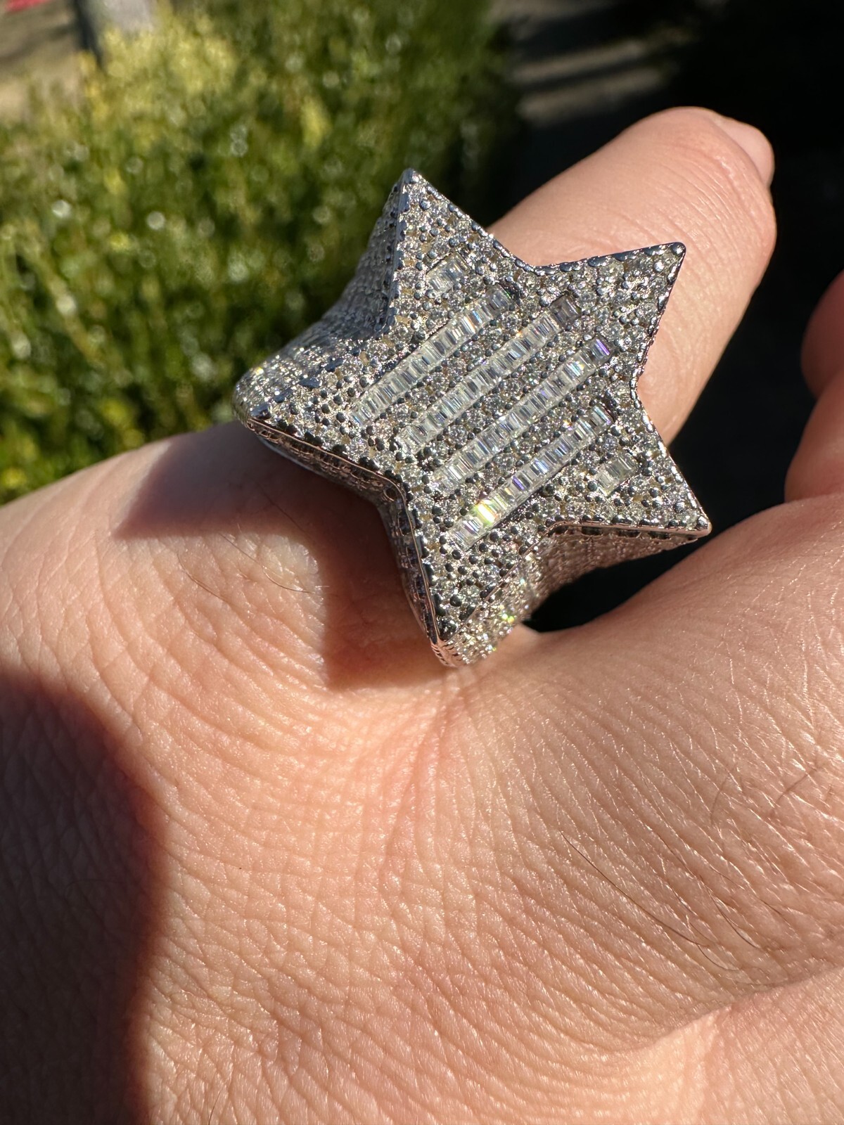 MOISSANITE Real 925 Silver Iced Baguette Star Shape Ring Passes Tester Hip Hop