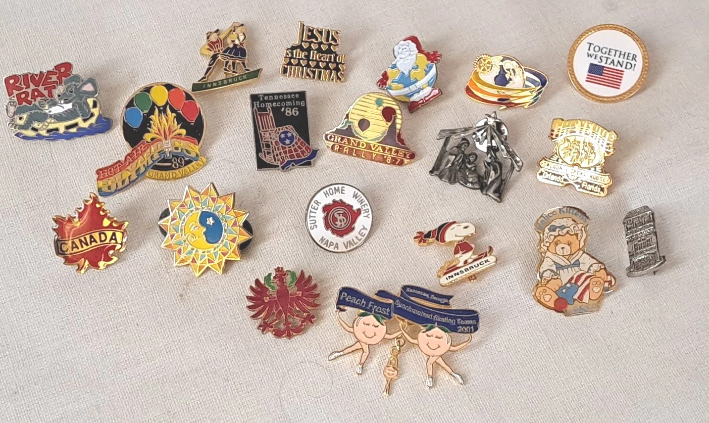 Vintage Enamel Pinback Button Lot Snoopy Enesco Winery Olympics Dutch Religious