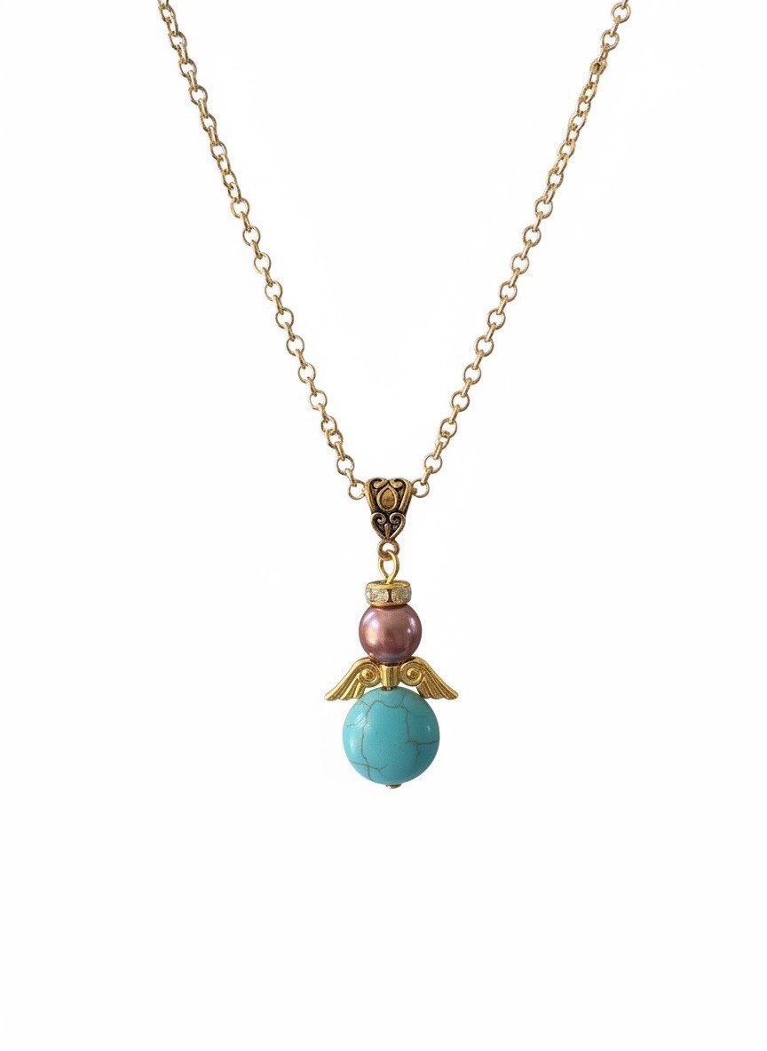 Angel Necklace Turquoise Howlite & Mauve Glass Pearl Bead Gold color Wings Chain